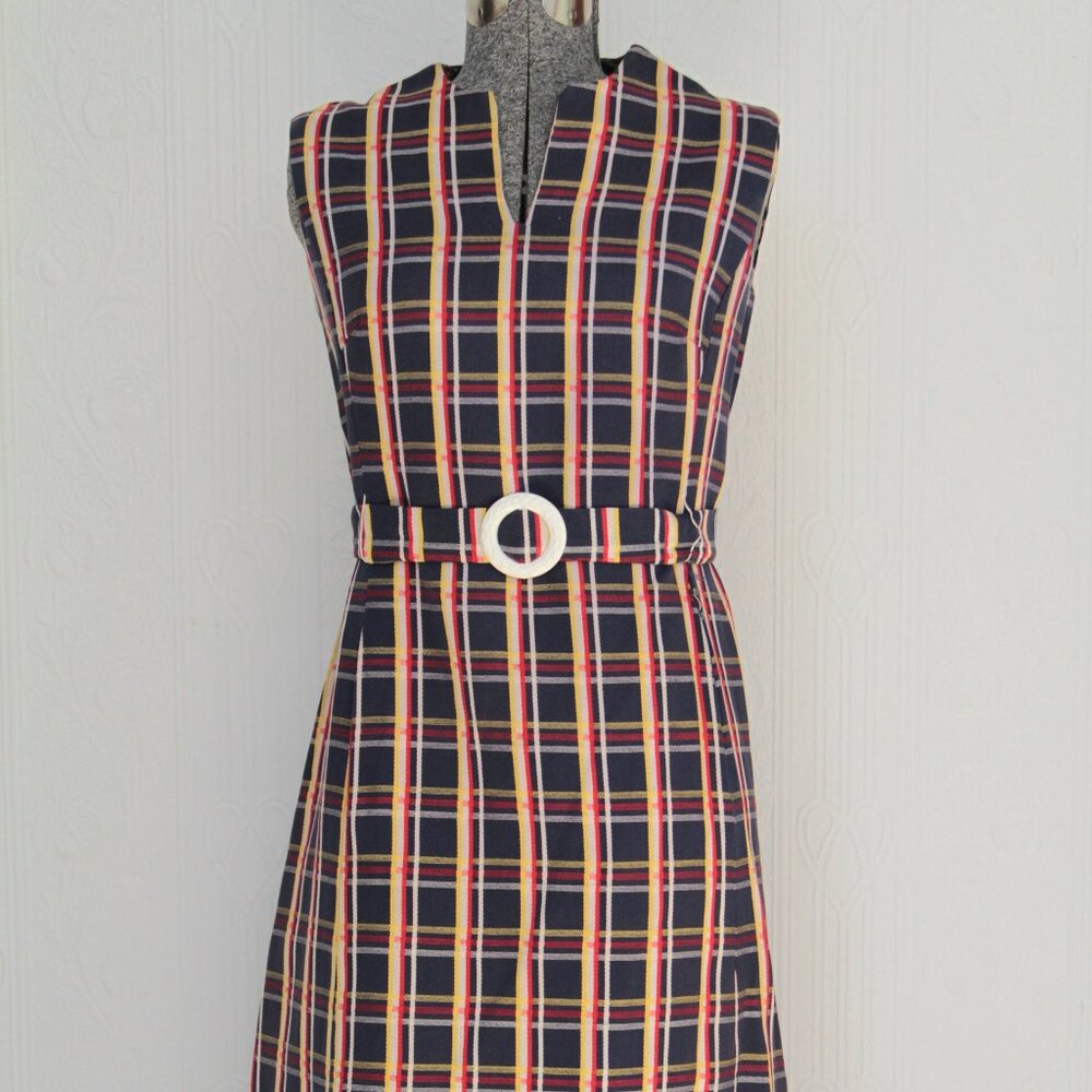 60's mod summer dress blue, red, yellow and white checks